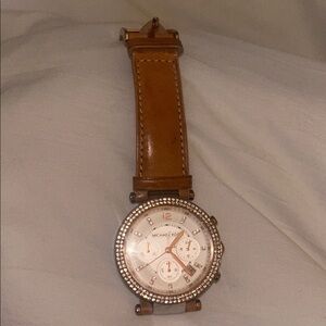 Michael Kors Rose Gold Crystal Bezel Watch with Tan Leather Strap